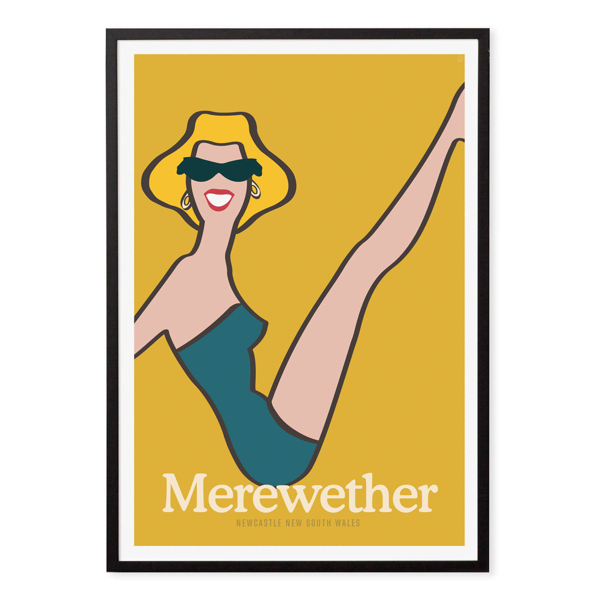 Merewether Beach Gal retro vintage poster print in Black frame from Places We Luv