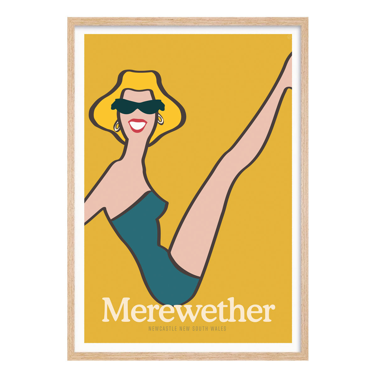 Merewether Beach Gal retro vintage poster print in oak frame from Places We Luv