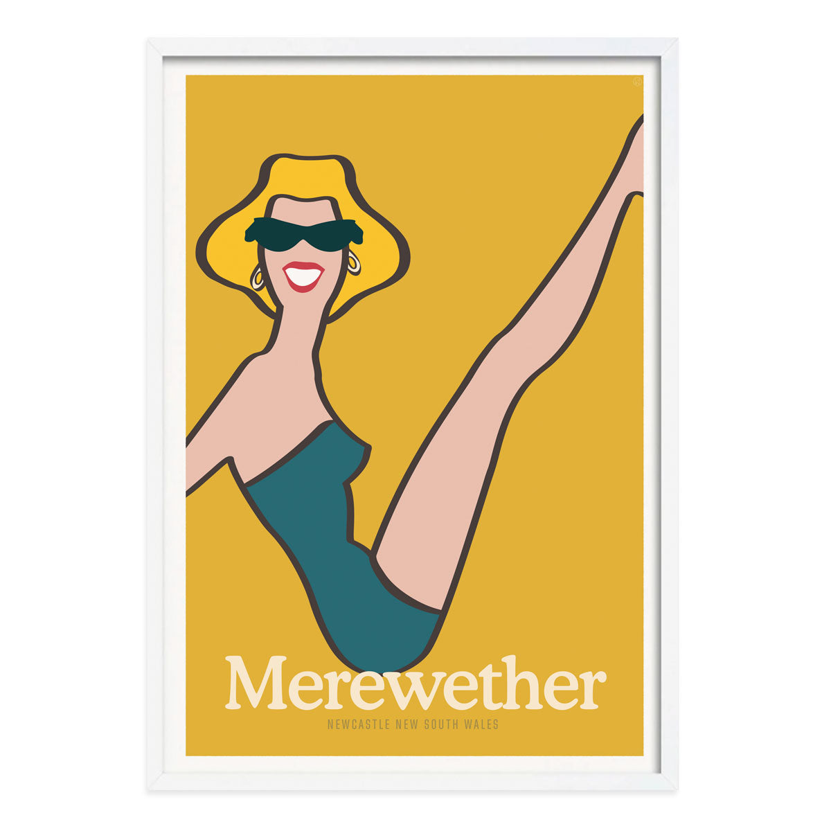 Merewether Beach Gal retro vintage poster print in white frame from Places We Luv