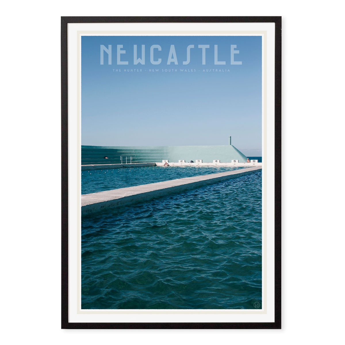 Newcastle pool NSW vintage travel poster print in black frame by Places we luv
