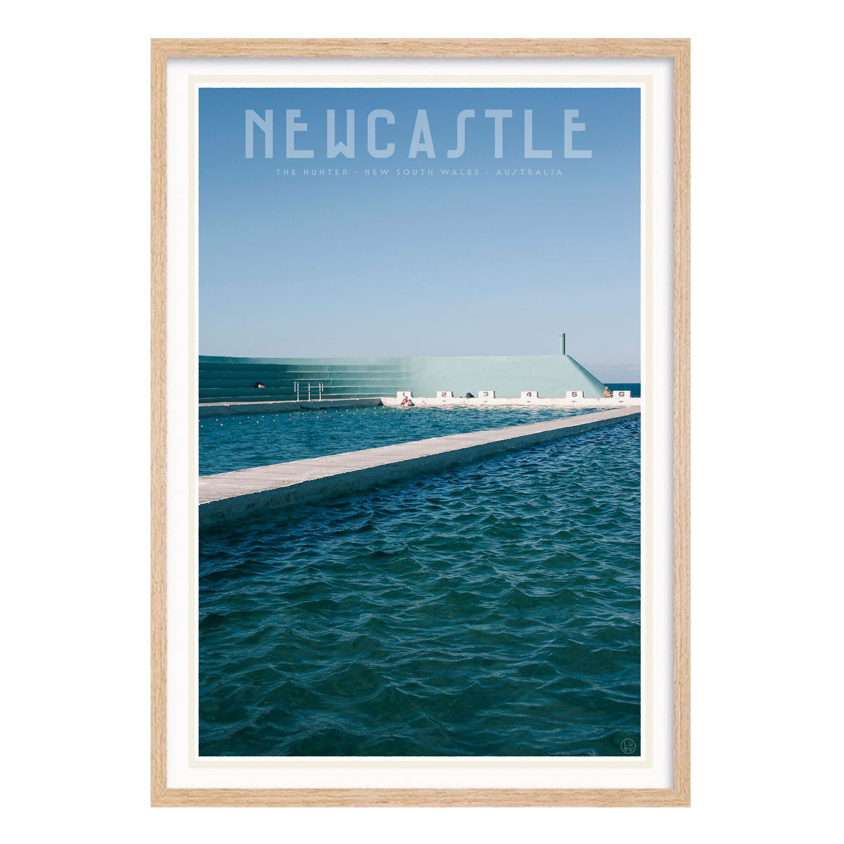 Newcastle pool NSW vintage travel poster print in oak frame by Places we luv