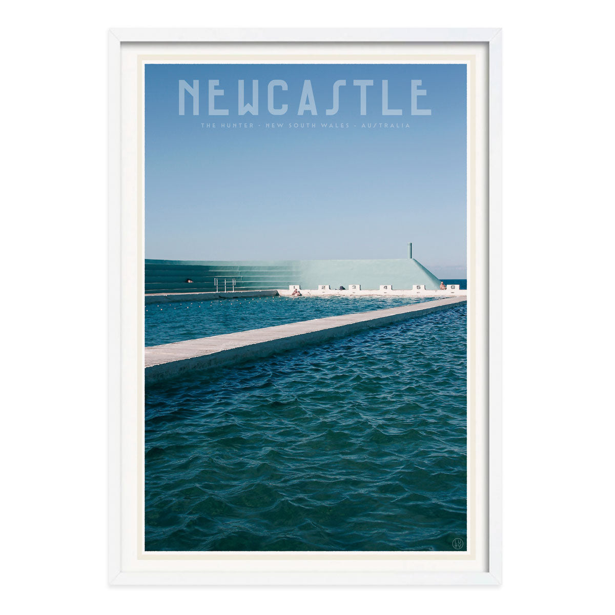Newcastle pool NSW vintage travel poster print in white frame by Places we luv
