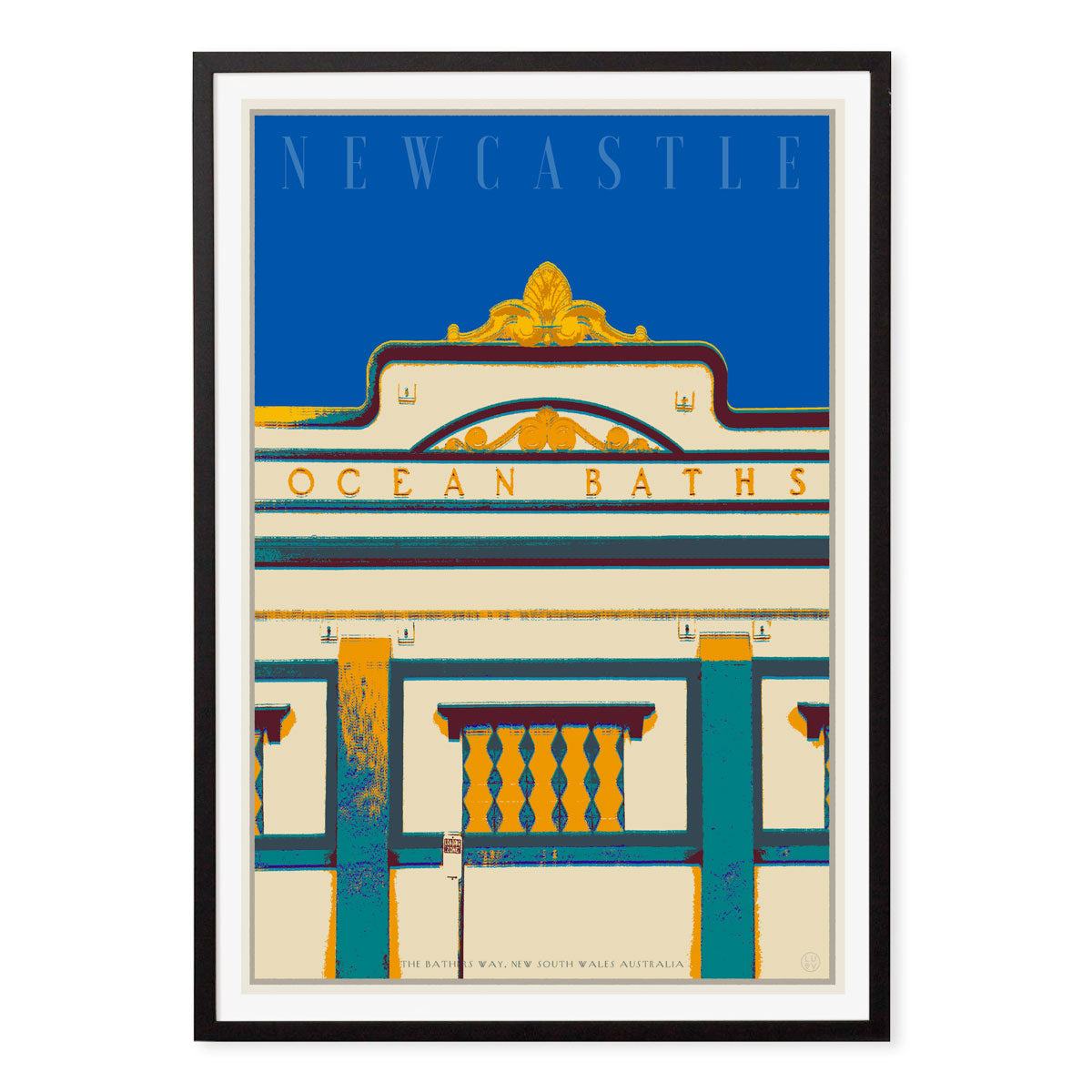 Newcastle baths deco pop travel poster print in black frame by Places We Luv