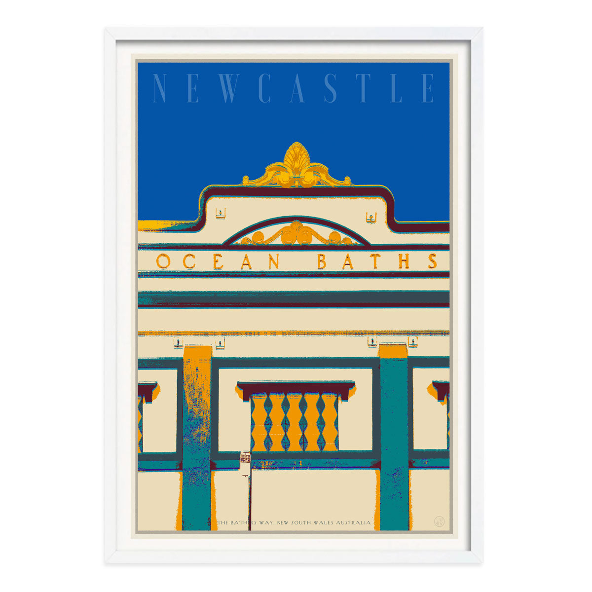 Newcastle baths deco pop travel poster print in white frame by Places We Luv