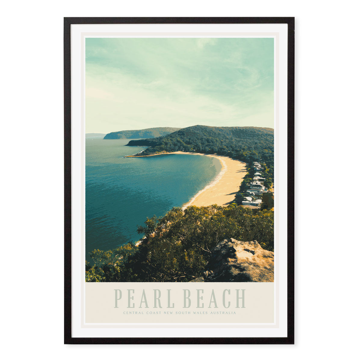 Pearl beach vintage travel poster central coast in black frame by places we luv