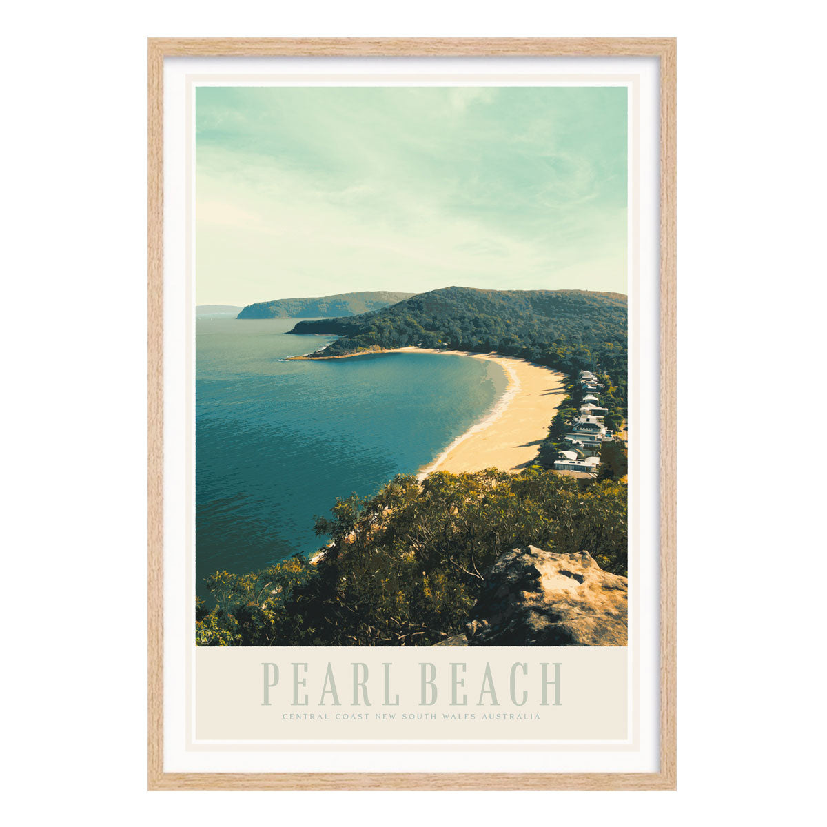 Pearl beach vintage travel poster central coast in oak frame by places we luv