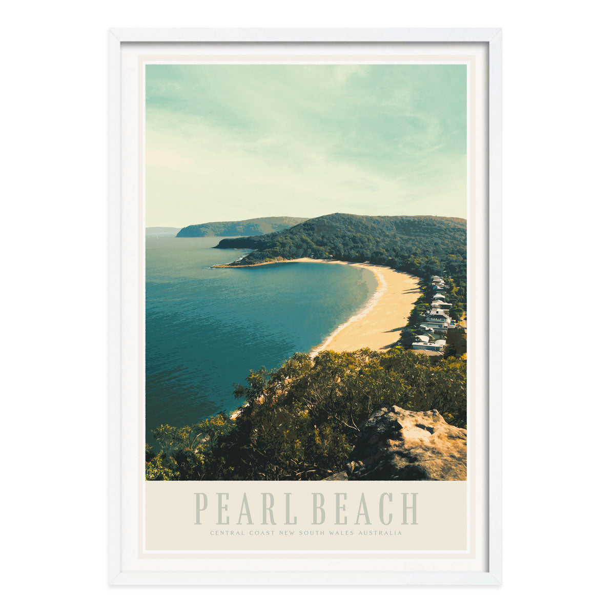 Pearl beach vintage travel poster central coast in white frame by places we luv