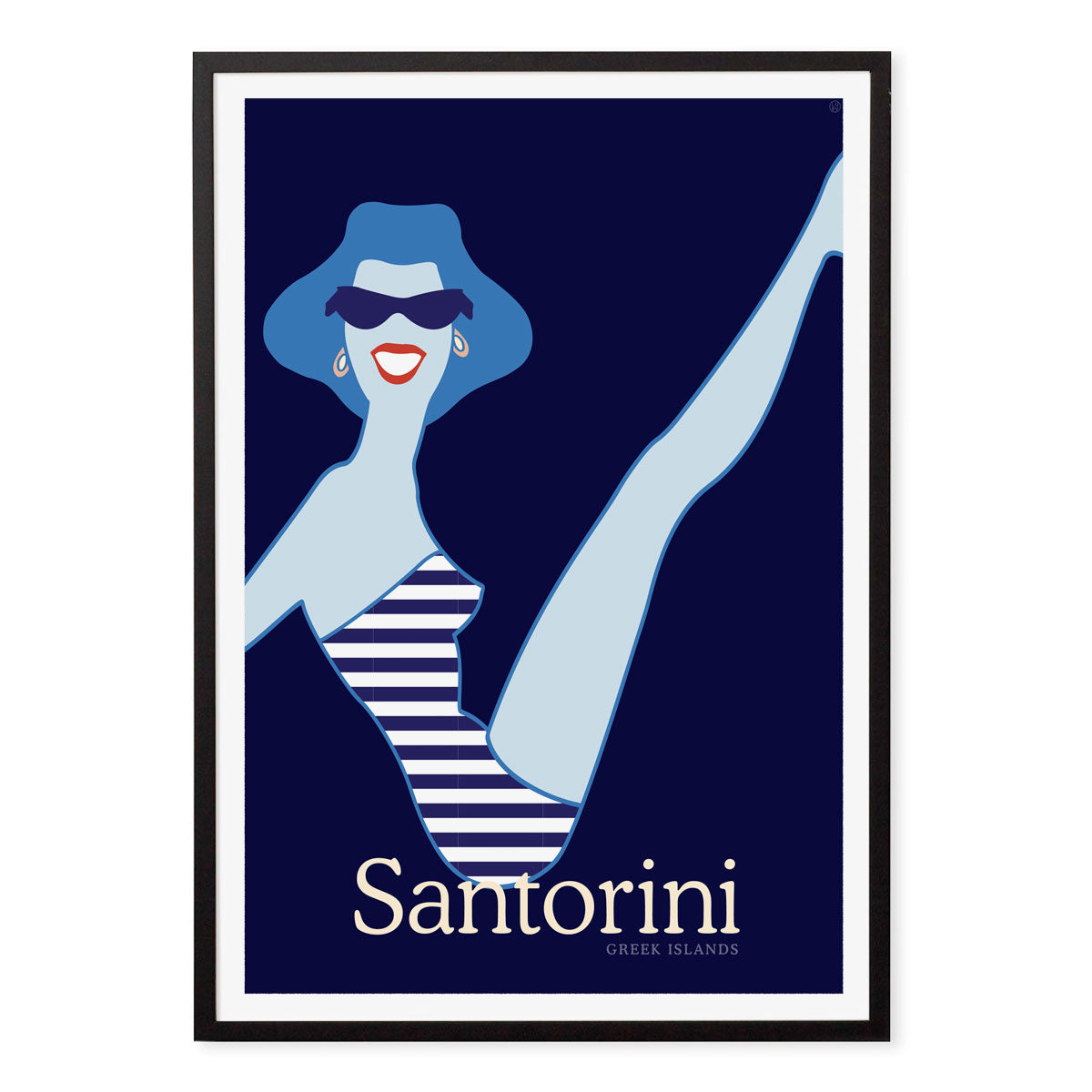 Santorini retro vintage beach gal poster print in black frame from Places We Luv