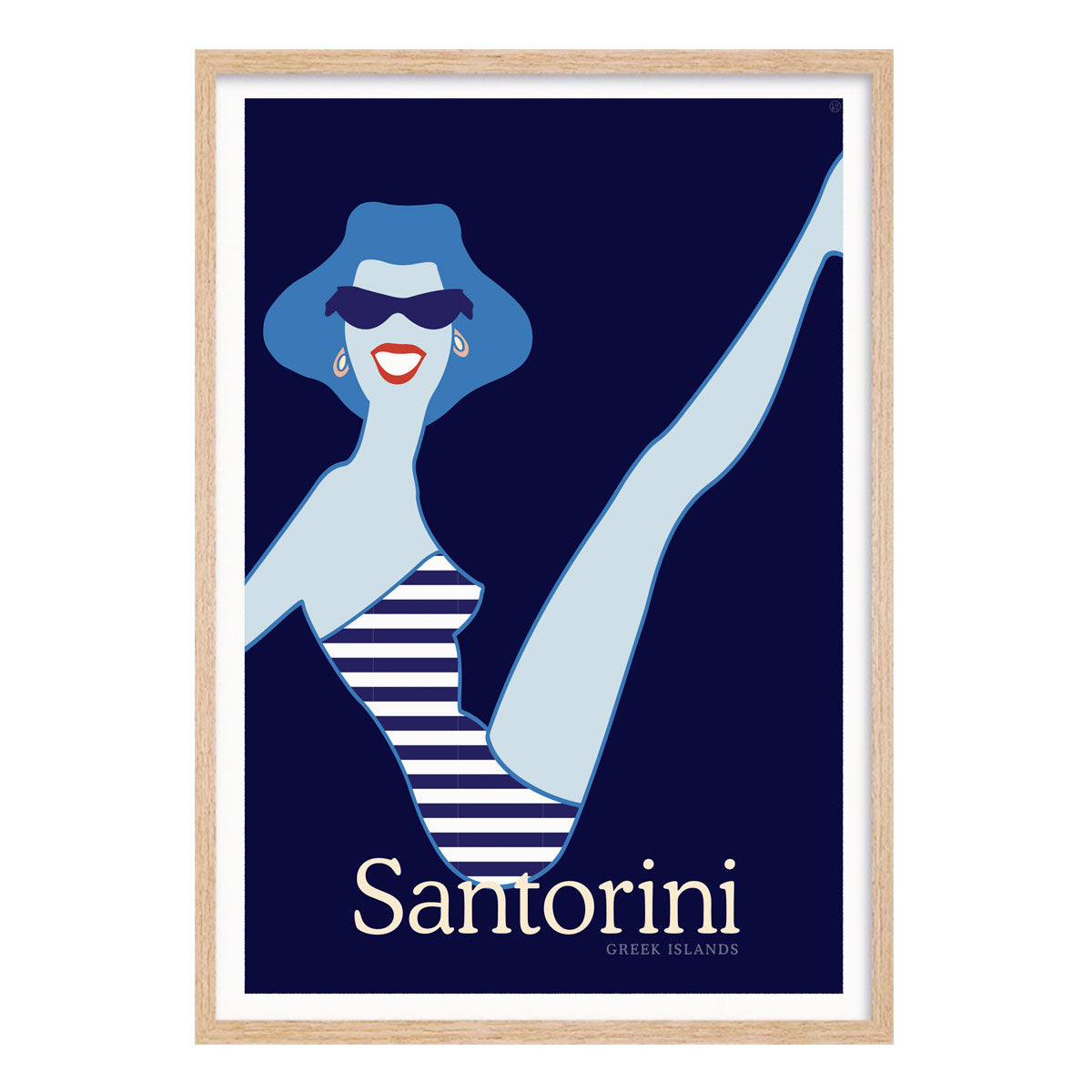 Santorini retro vintage beach gal poster print in oak frame from Places We Luv