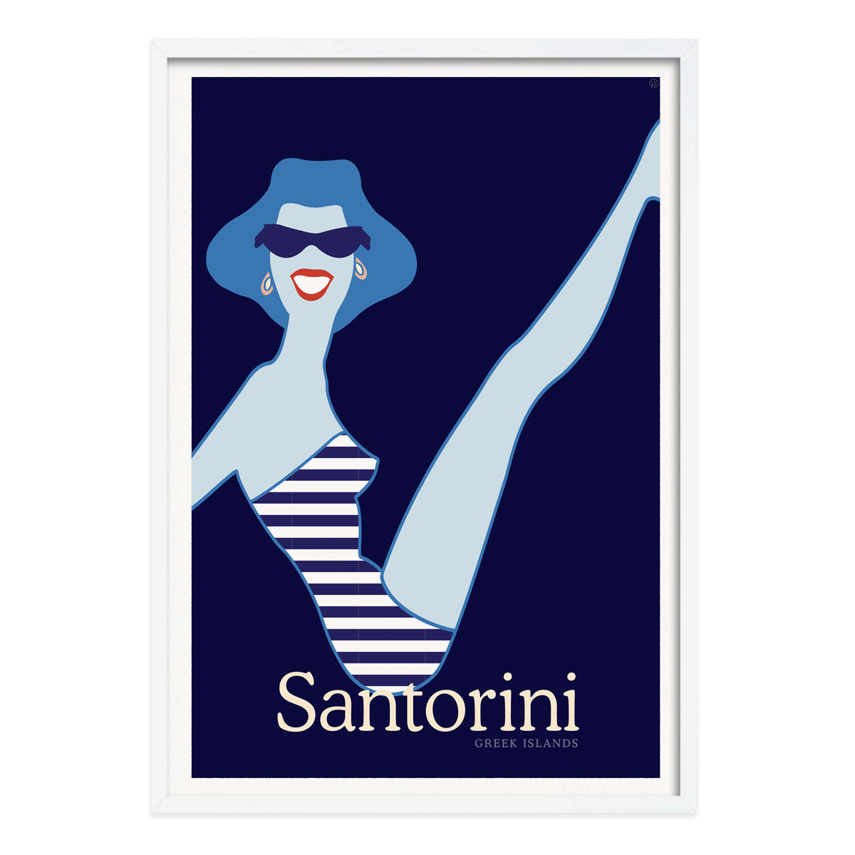 Santorini retro vintage beach gal poster print in white frame from Places We Luv