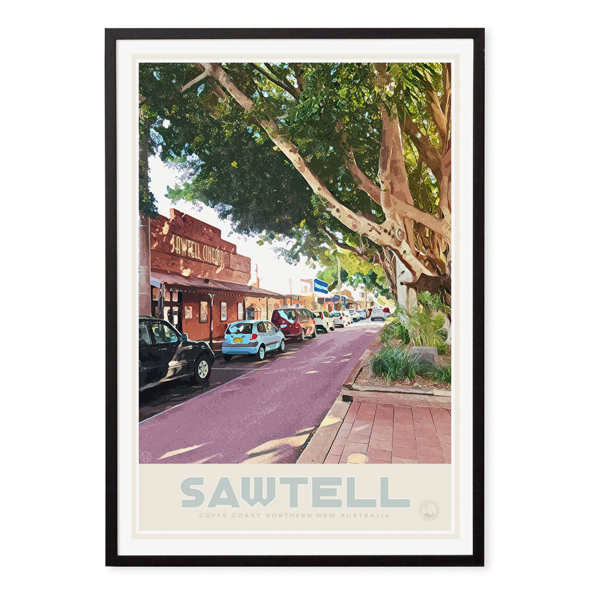 Sawtell retro vintage travel poster print in black frame from Places We Luv