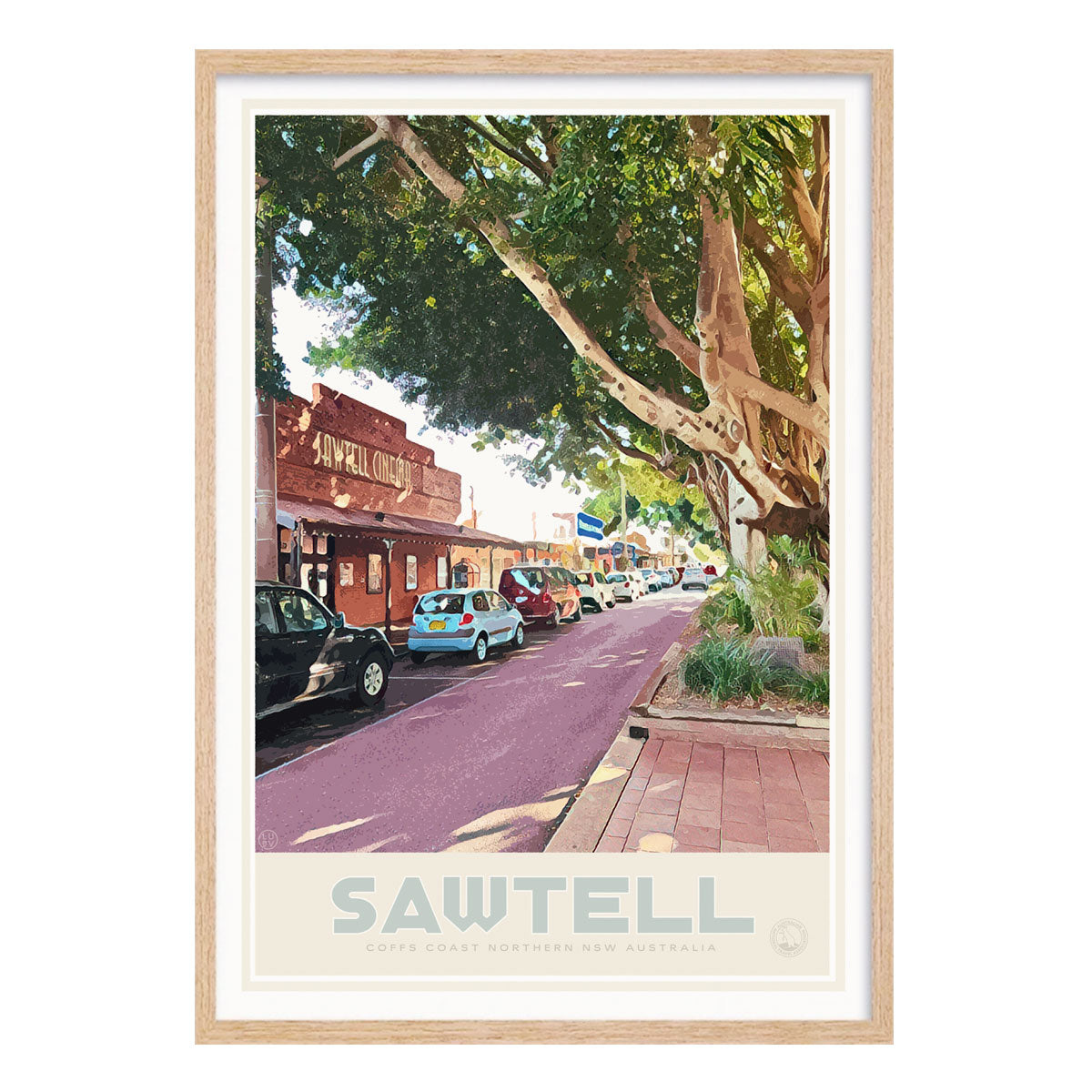 Sawtell retro vintage travel poster print in oak frame from Places We Luv