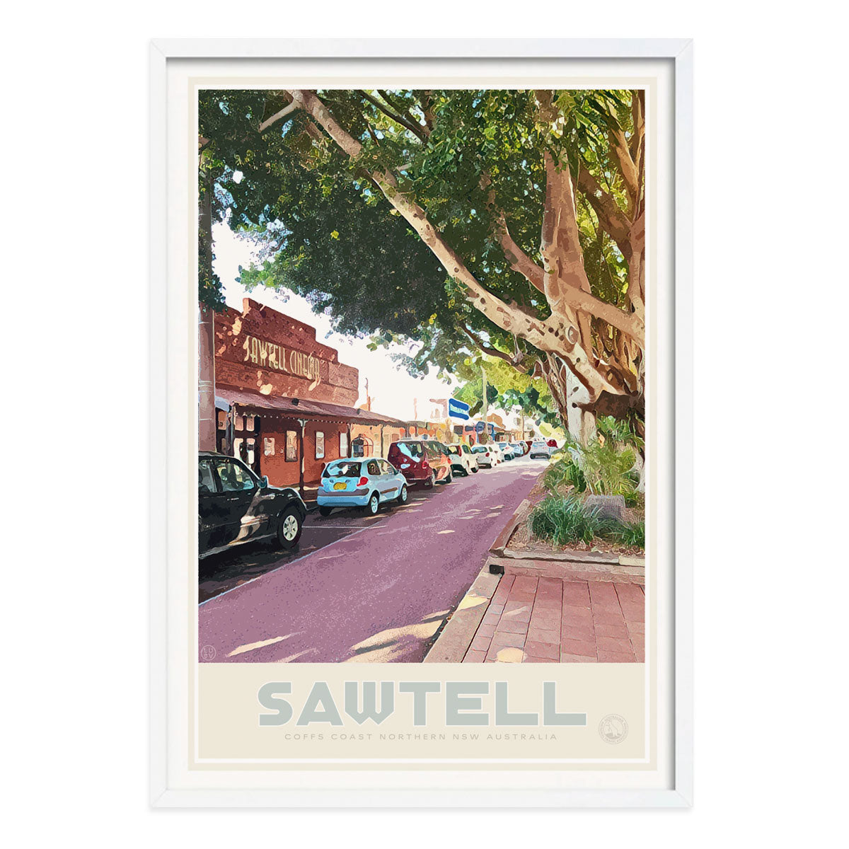 Sawtell retro vintage travel poster print in white frame from Places We Luv