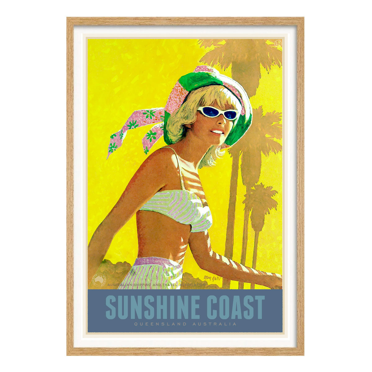 Sunshine Coast QLD vintage retro poster framed in oak from Places We Luv 