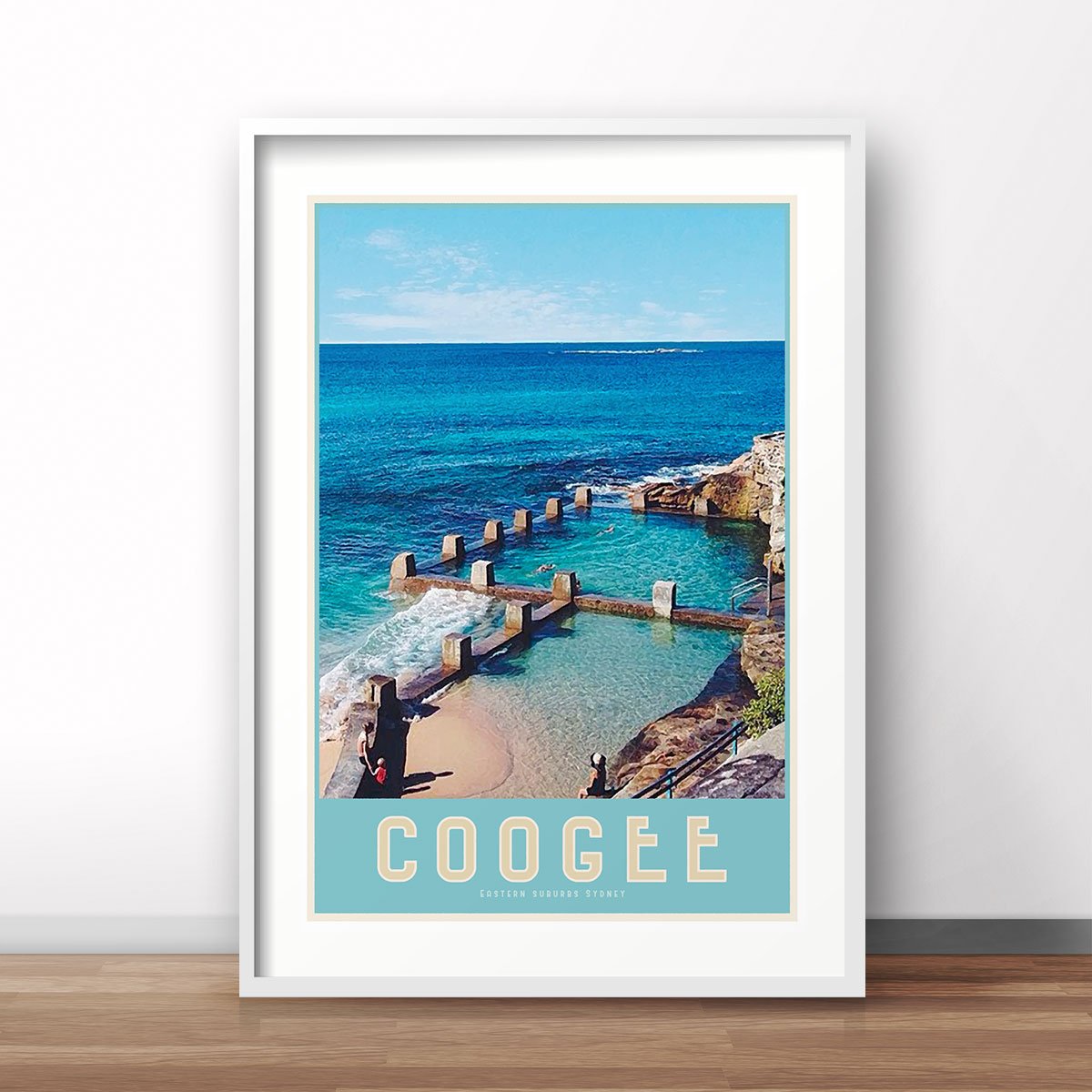Coogee Pool vintage travel style white framed prints by places we luv