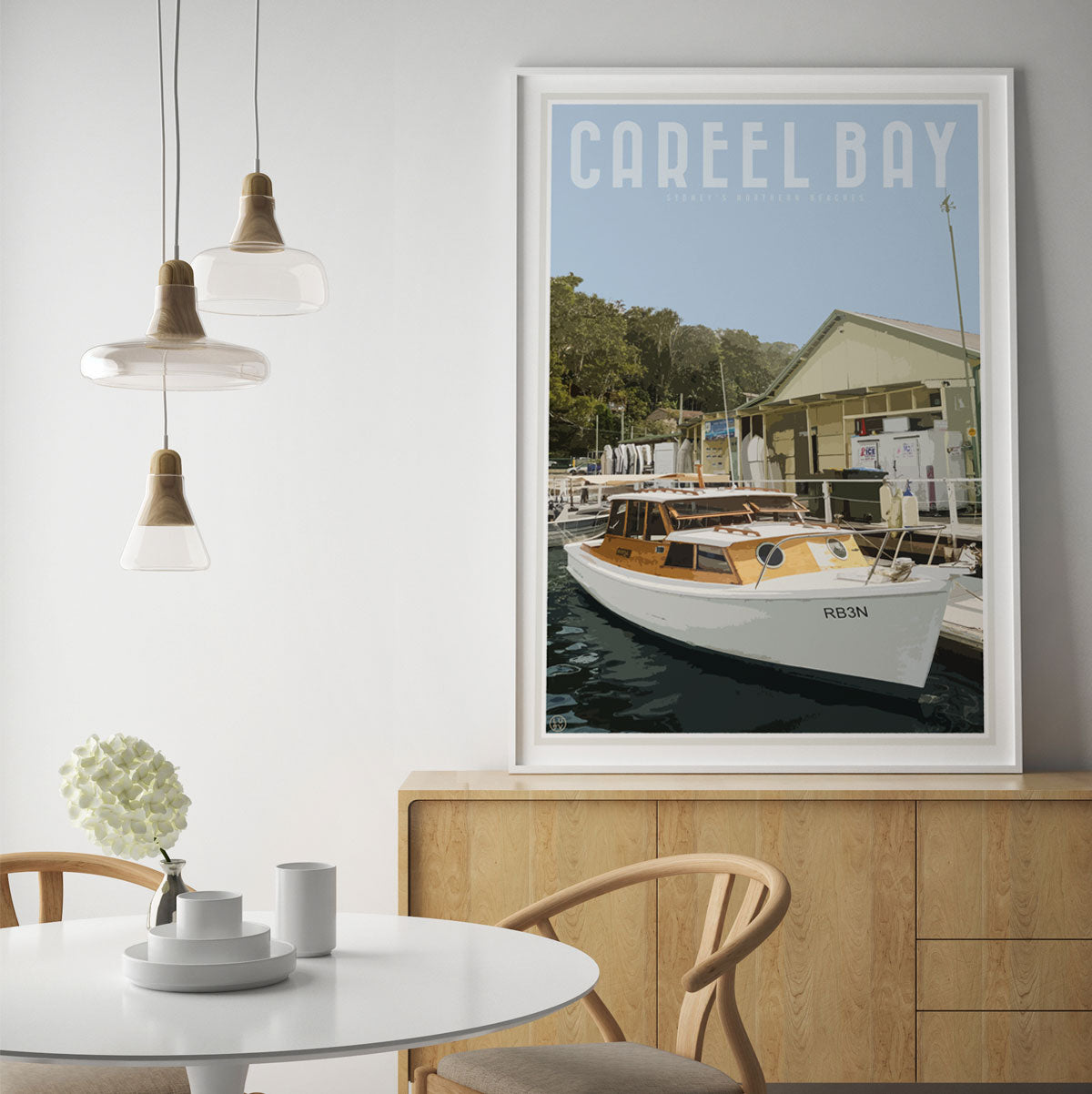 Careel Bay framed print. Vintage travel style original design by Places we luv