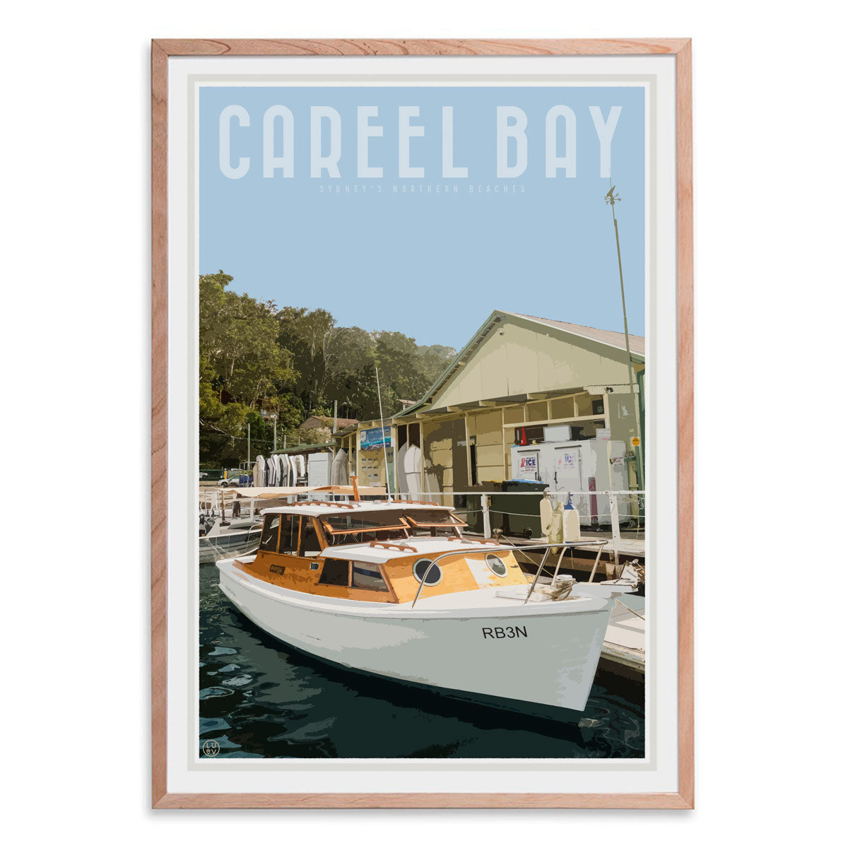 Careel Bay framed print. Vintage style travel design by Places we luv