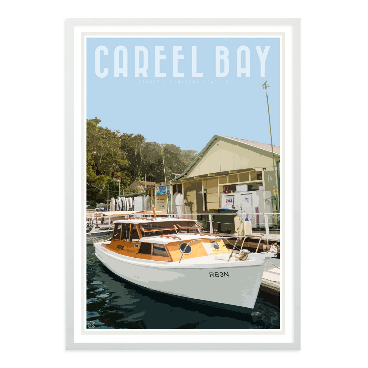 Careel Bay framed print. Vintage travel style design by Places we luv