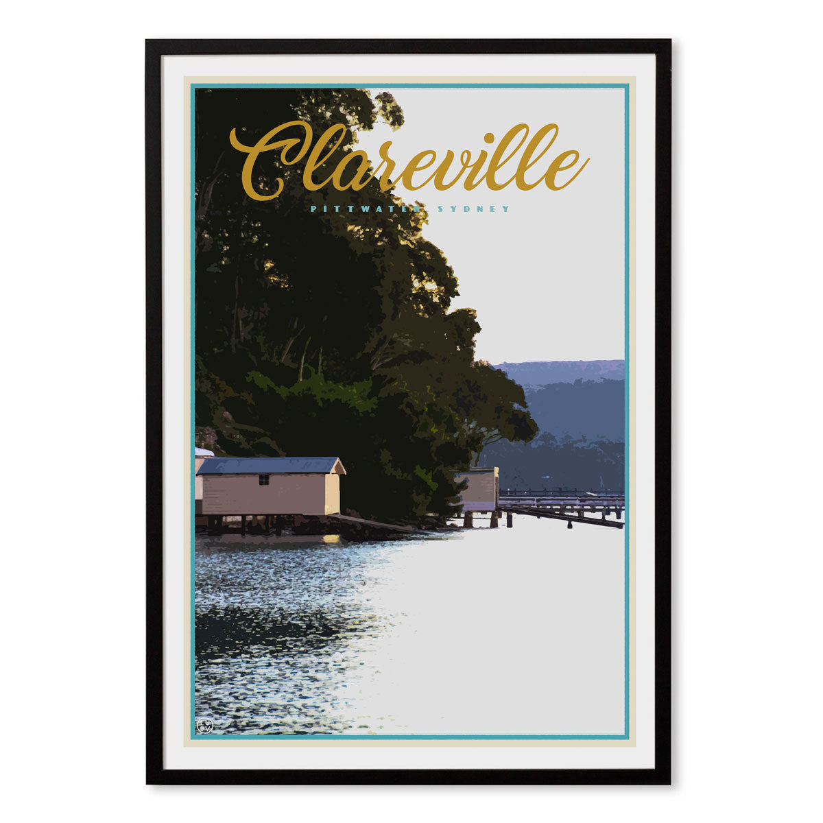 Clareville vintage travel style black framed print by places we luv