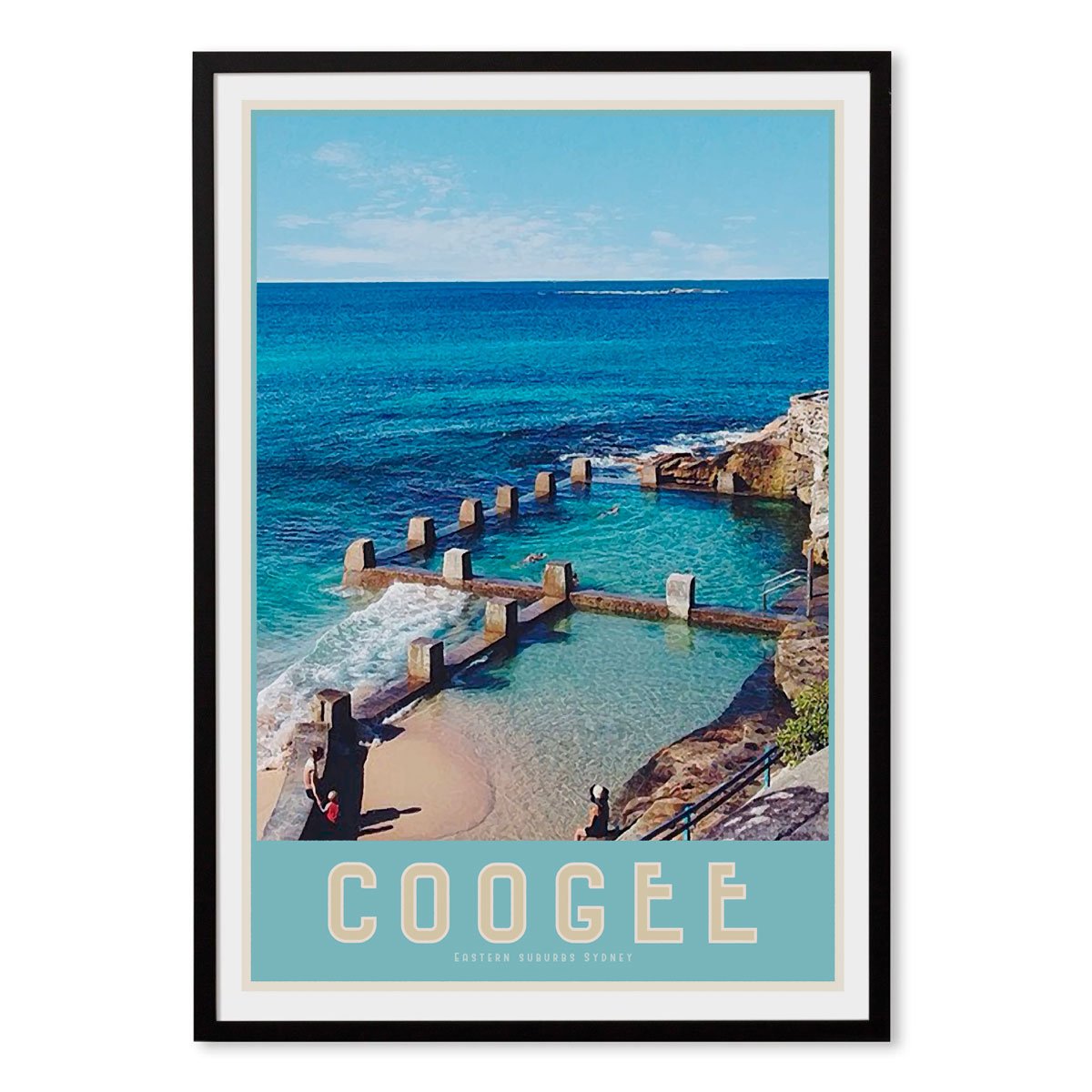 Coogee Pool vintage travel style black framed prints by places we luv