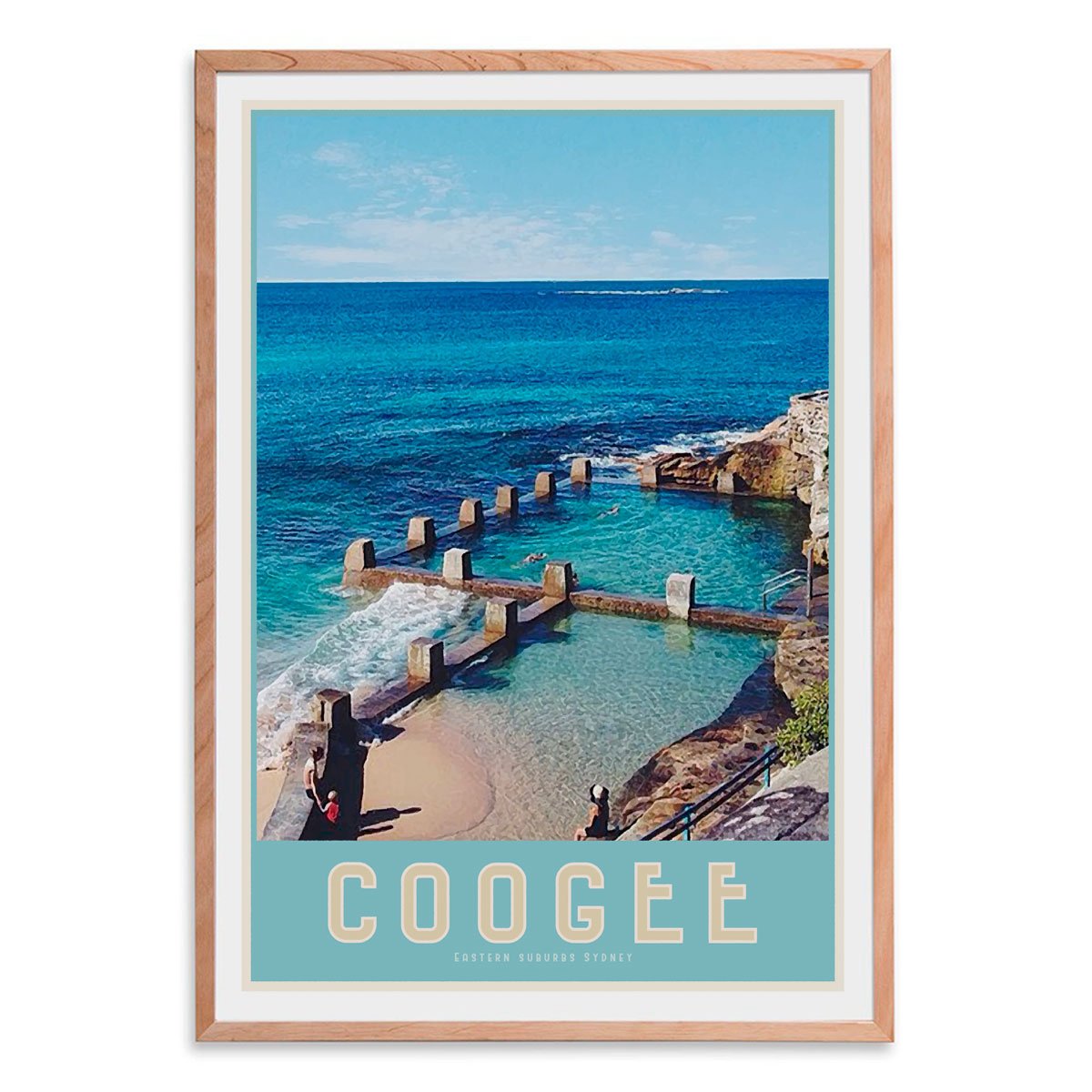 Coogee Pool vintage travel style oak framed prints by places we luv