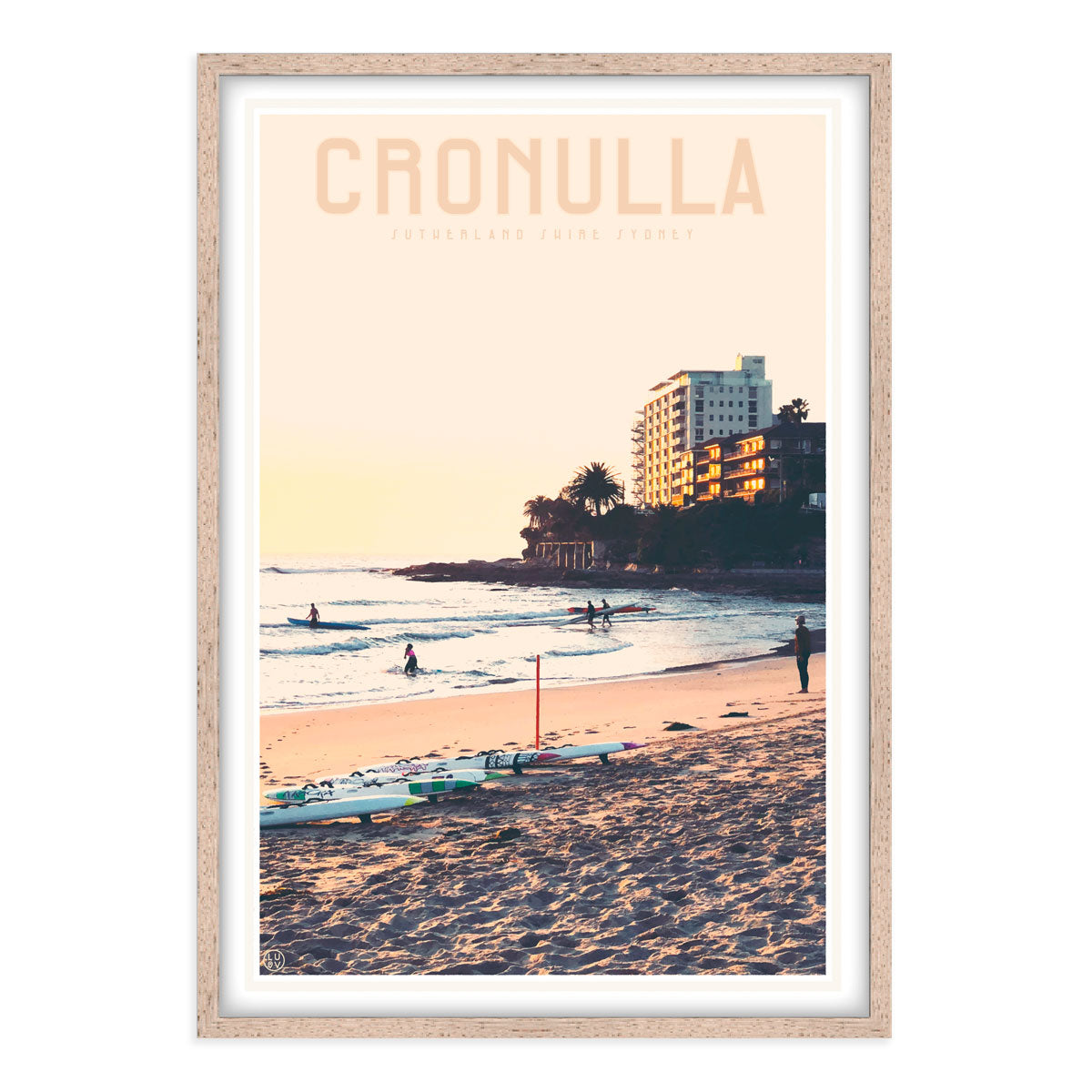Cronulla Beach vintage style travel oak framed print designed by places we luv