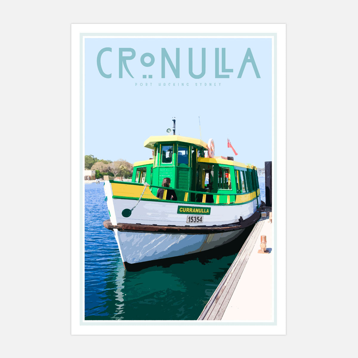 Cronulla ferry vintage style travel print, black frame, designed by places we luv