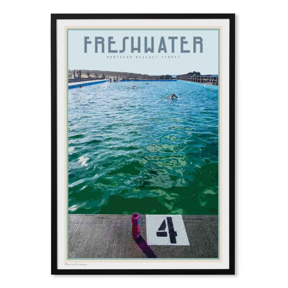 Freshwater beach vintage travel style black framed print by places we luv