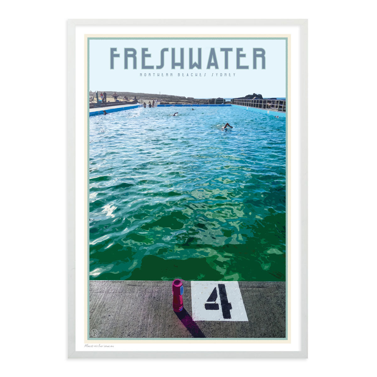Freshwater beach vintage travel style white framed print by places we luv