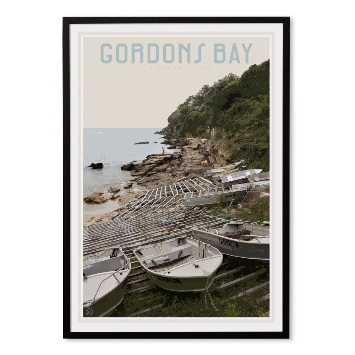 Gordons Bay vintage travel style black framed print by Places We Luv