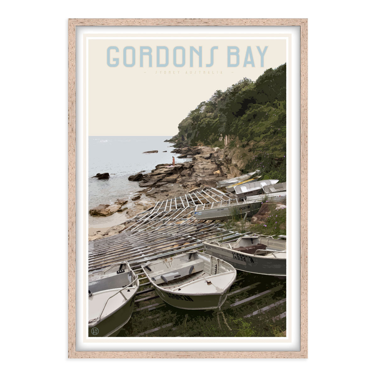 Gordons Bay vintage travel style oak framed print by Places We Luv