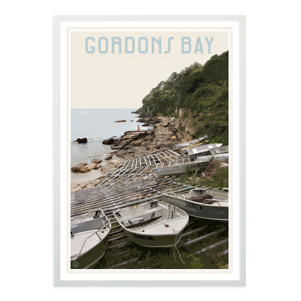 Gordons Bay vintage travel style white framed print by Places We Luv