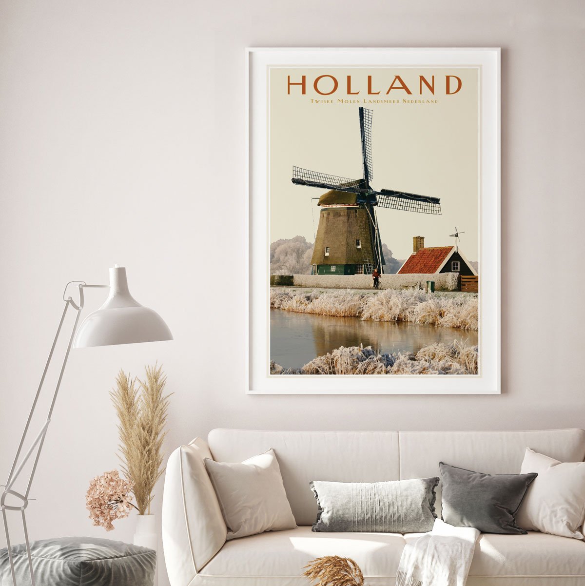 North Holland Windmill framed print. Vintage travel style poster. Original design by places we luv