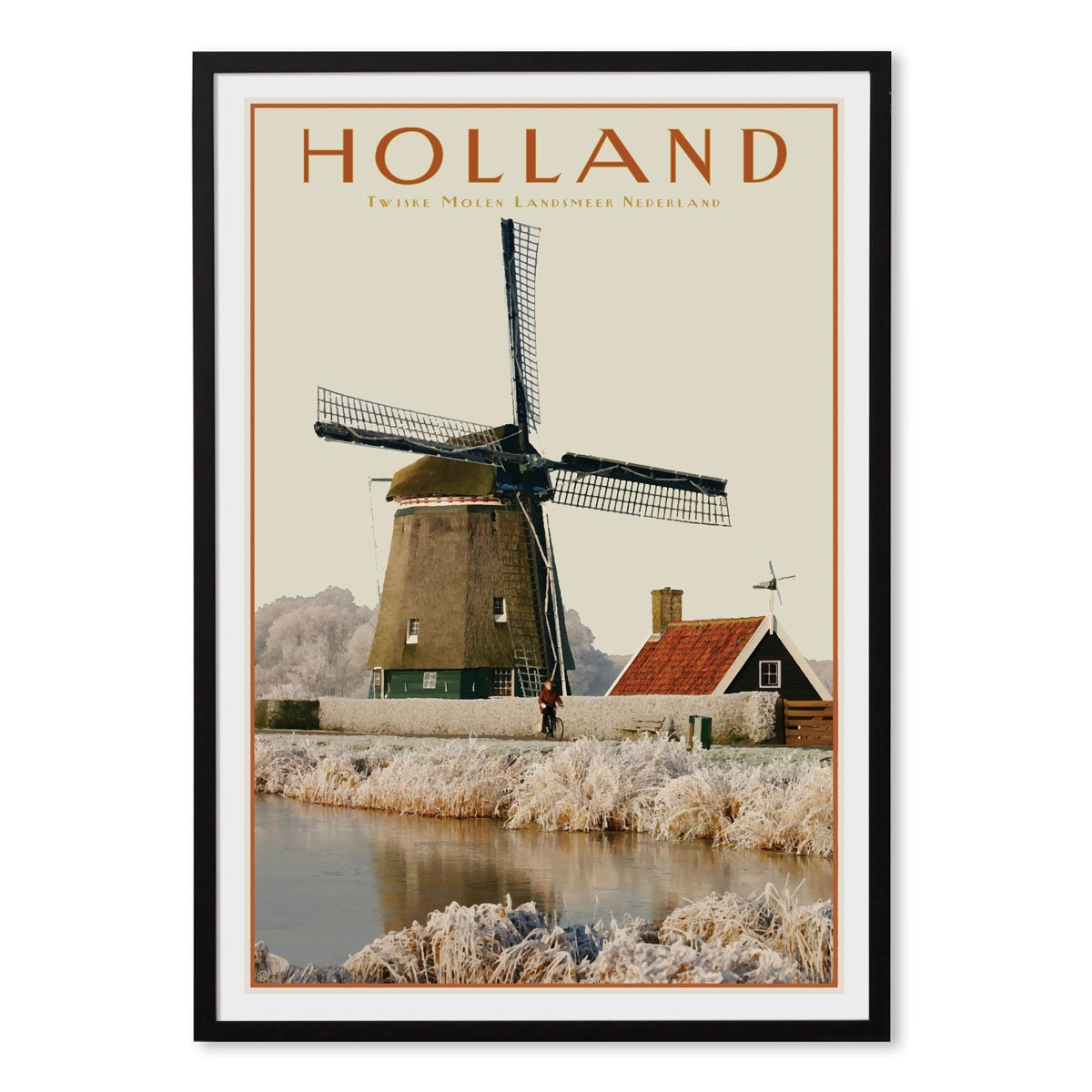 North Holland Windmill black framed print. Vintage travel style poster. Original design by places we luv