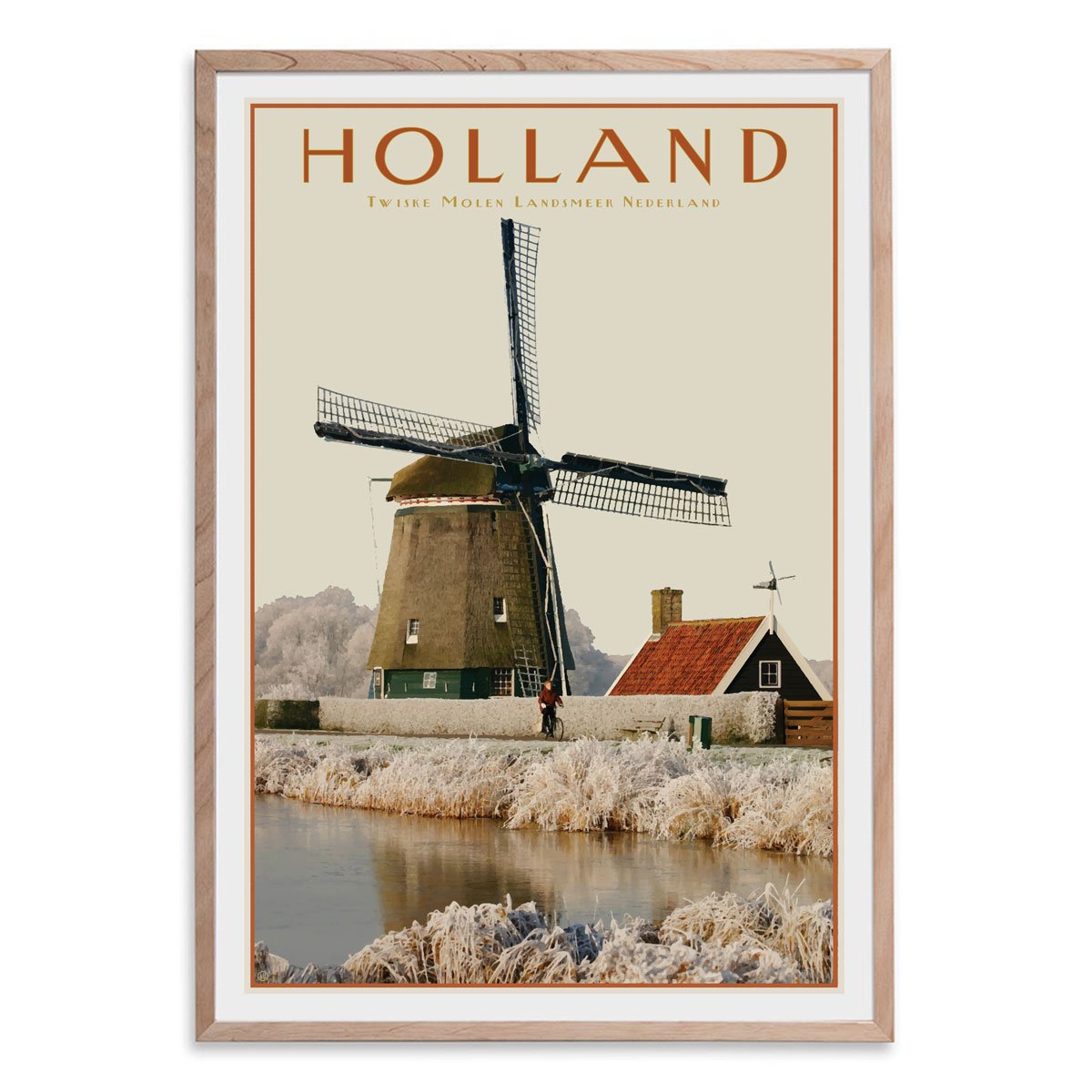 North Holland Windmill raw wood framed print. Vintage travel style poster. Original design by places we luv