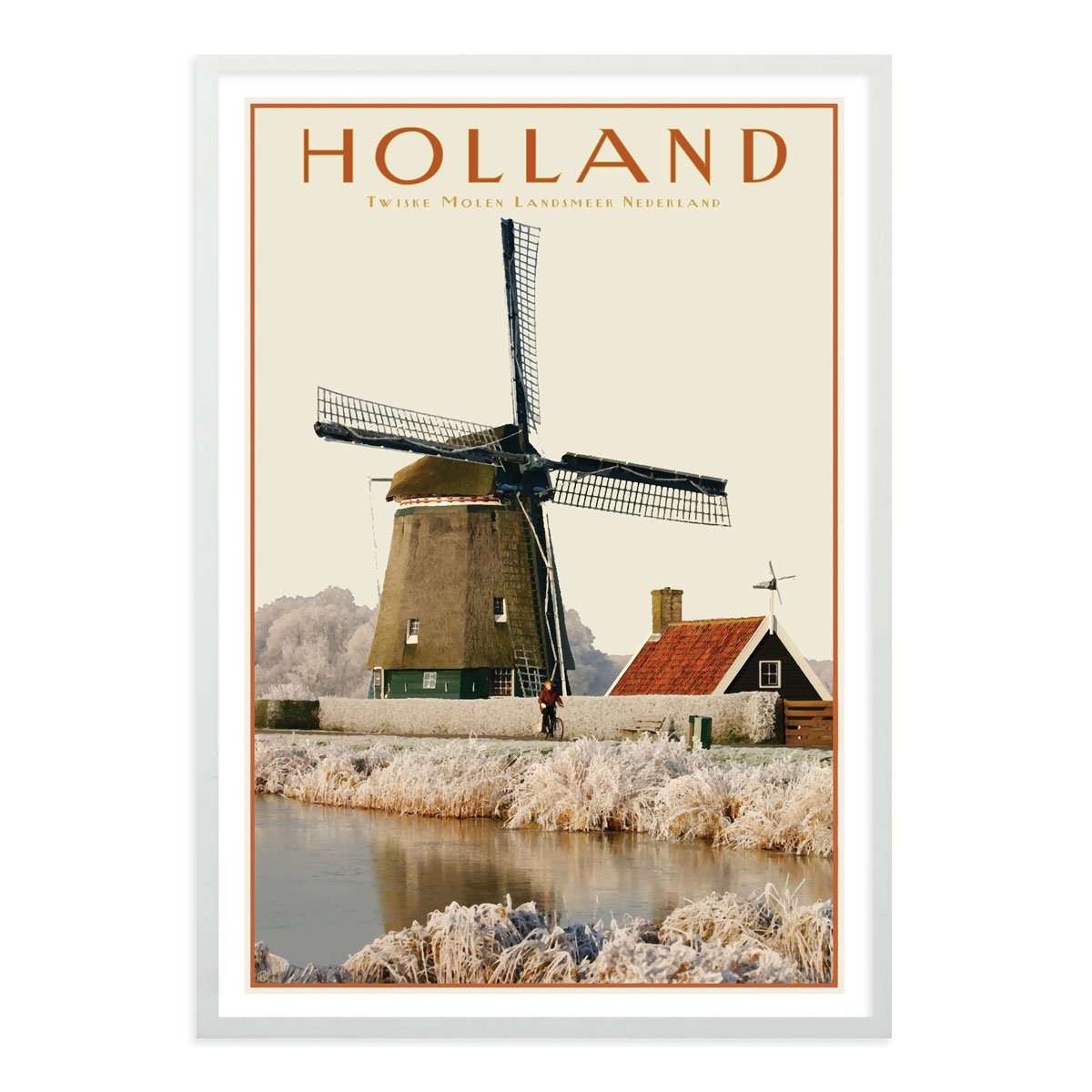 North Holland Windmill white framed print. Vintage travel style poster. Original design by places we luv