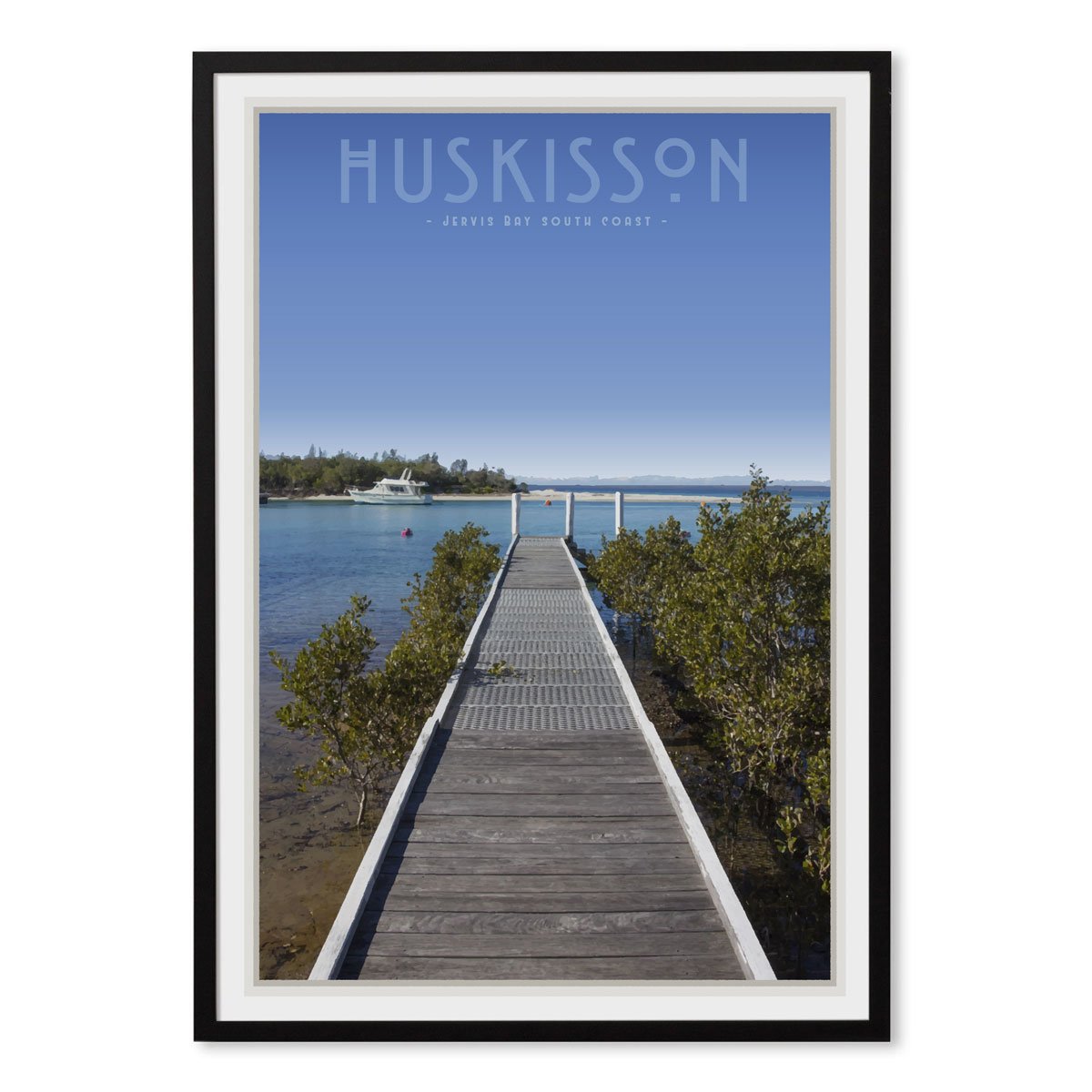 Huskisson vintage travel style black framed print by places we luv