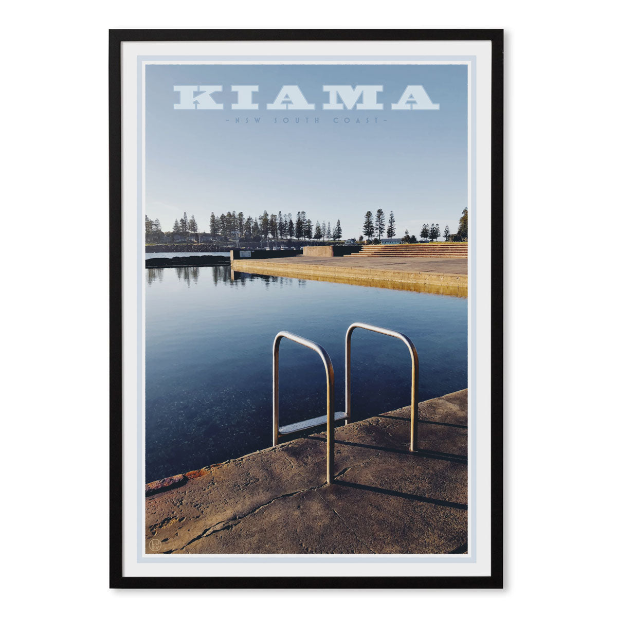 Kiama Pool Print black frame. Vintage travel style poster by places we love
