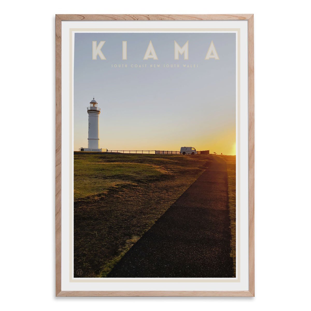 Kiama vintage travel style print in oak frame - design by Places We Luv