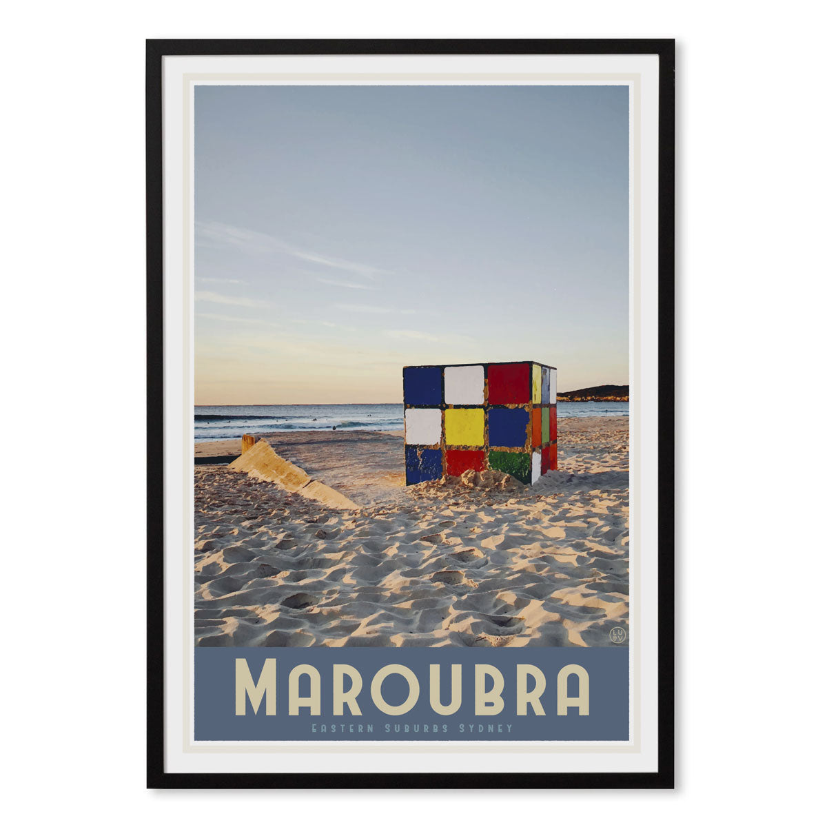 Maroubra cube vintage style black framed travel print by places we luv