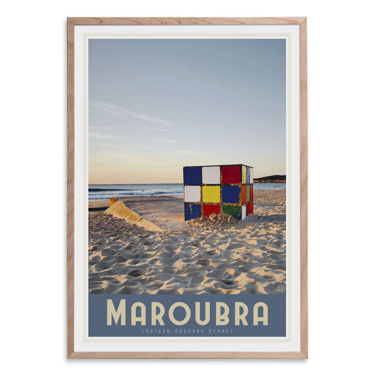 Maroubra cube vintage style oak framed travel print by places we luv