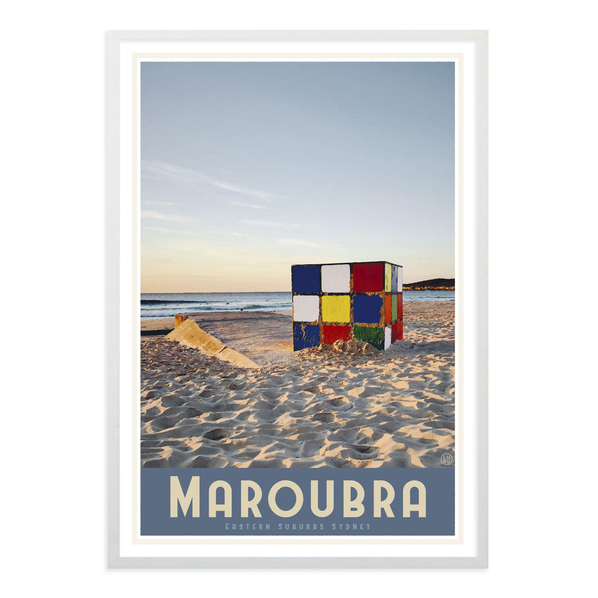 Maroubra cube vintage style white framed travel print by places we luv