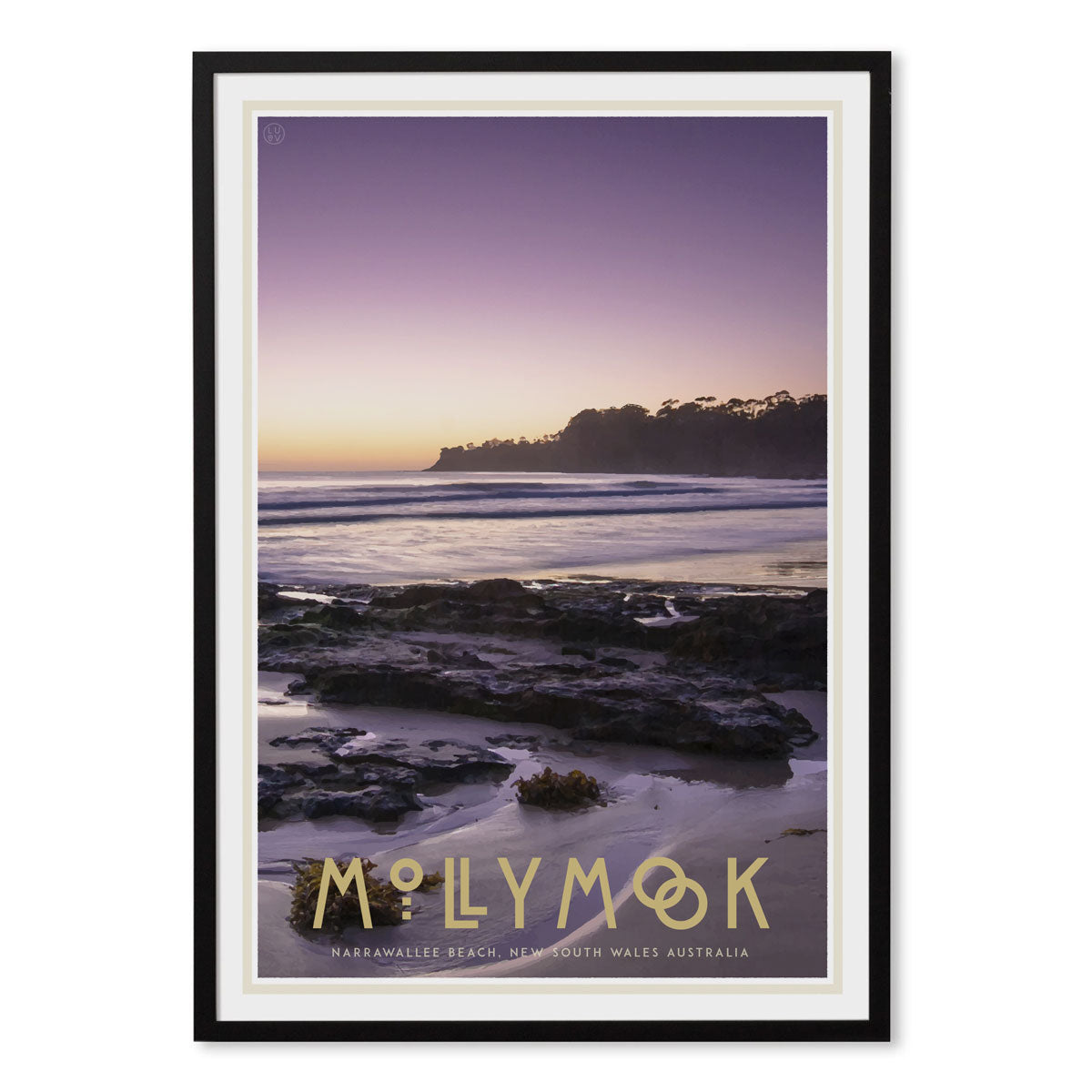 Mollymook black framed print, vintage travel poster style. Original design by Places We Luv