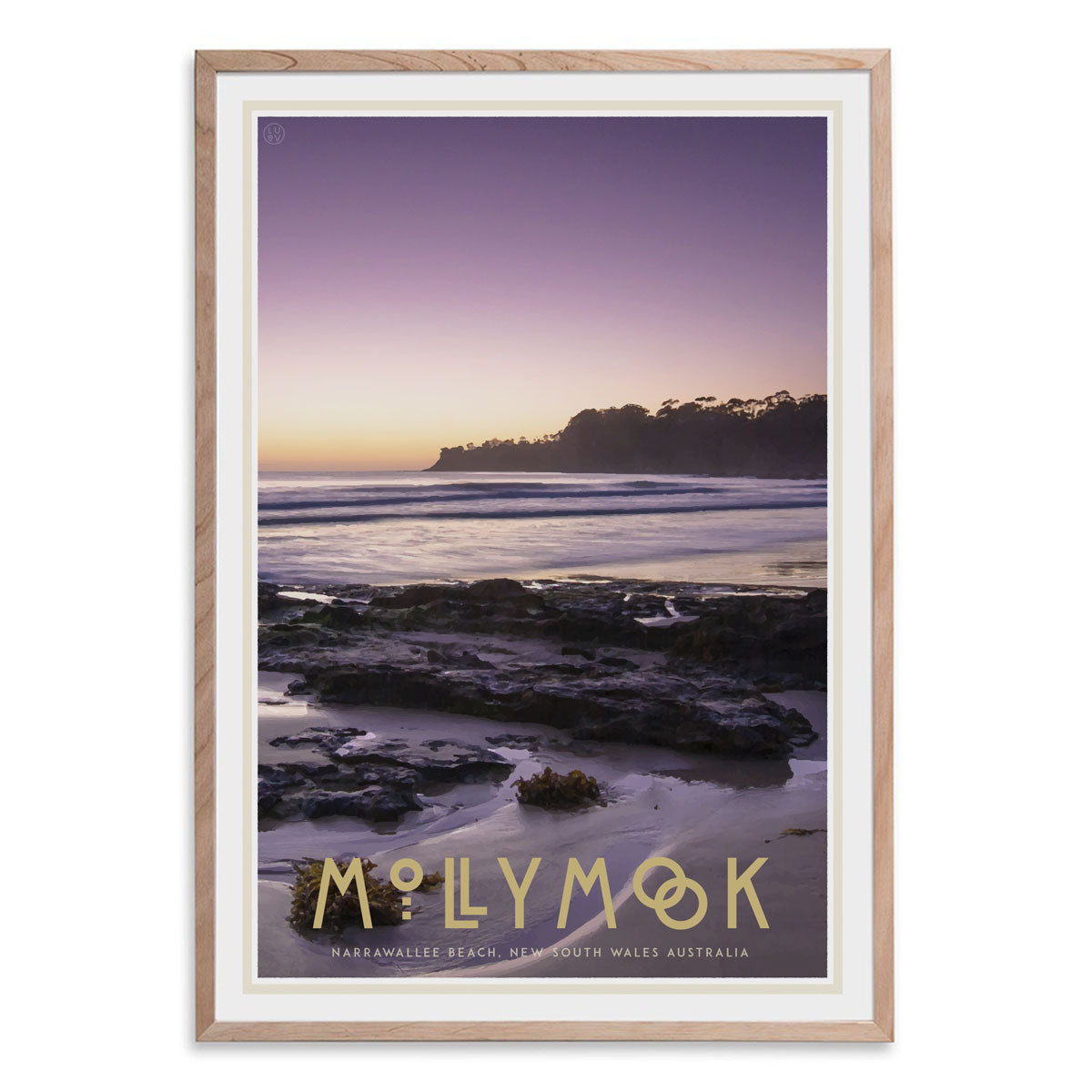 Mollymook oak framed print vintage travel poster style. Original design by Places We Luv
