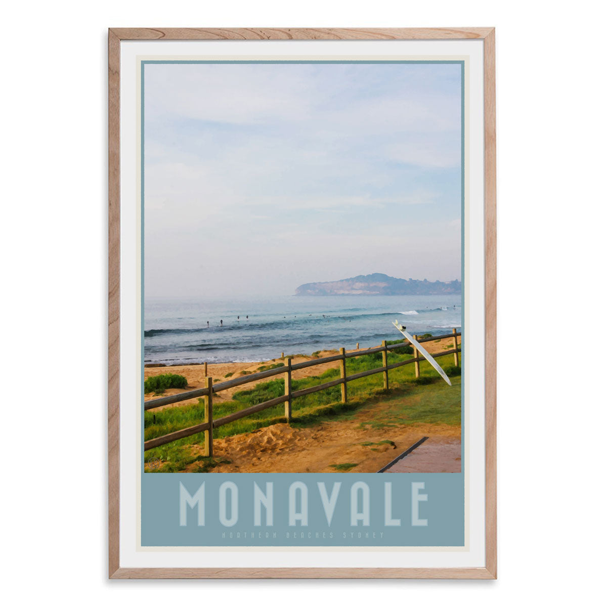 Mona Vale vintage travel style print by places we luv in oak frame