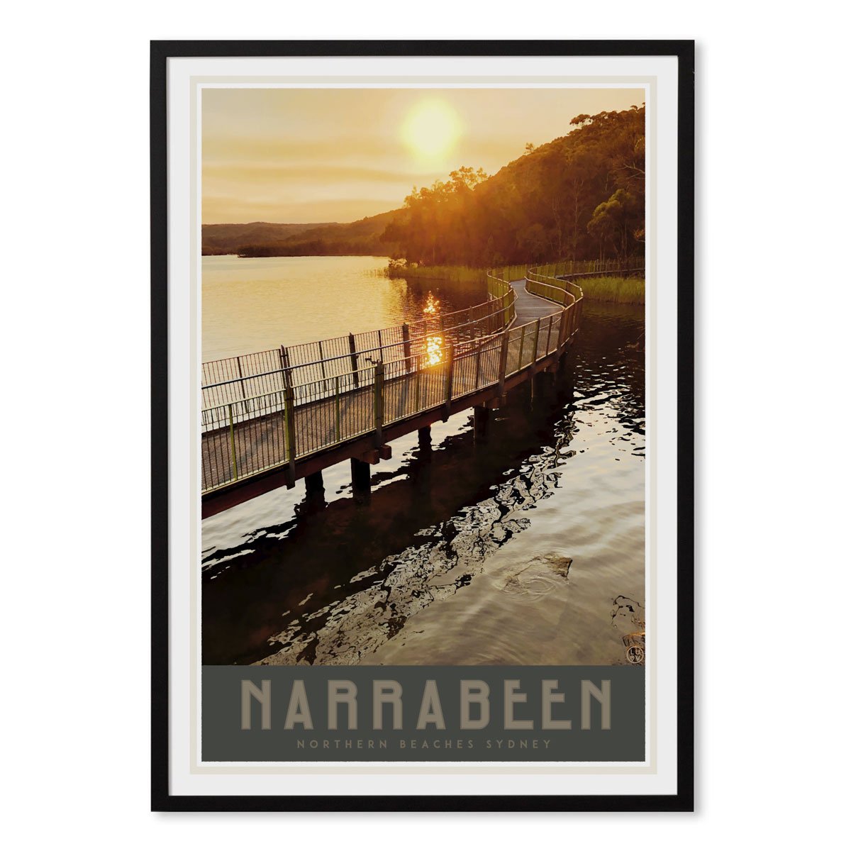 Narrabeen Lake print vintage travel style in black frame by placesweluv