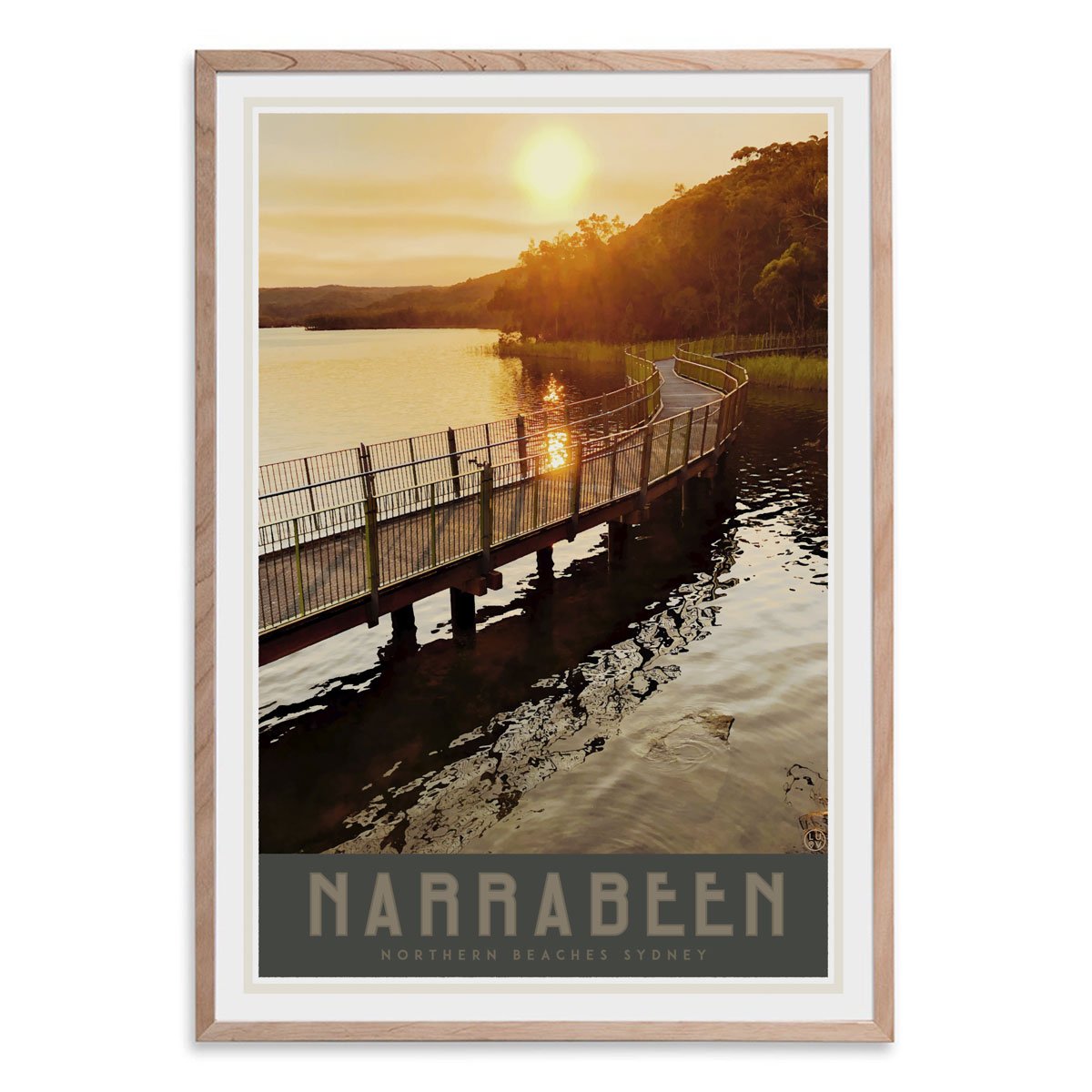 Narrabeen Lake print vintage travel style in oak frame by placesweluv