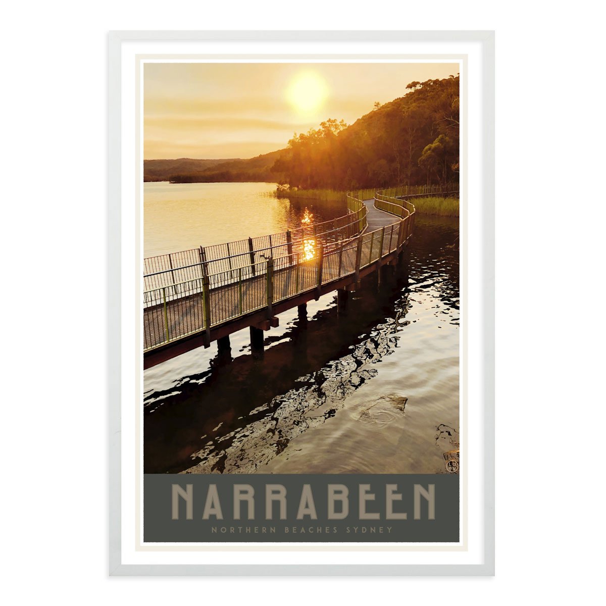 Narrabeen Lake print vintage travel style in white frame by placesweluv