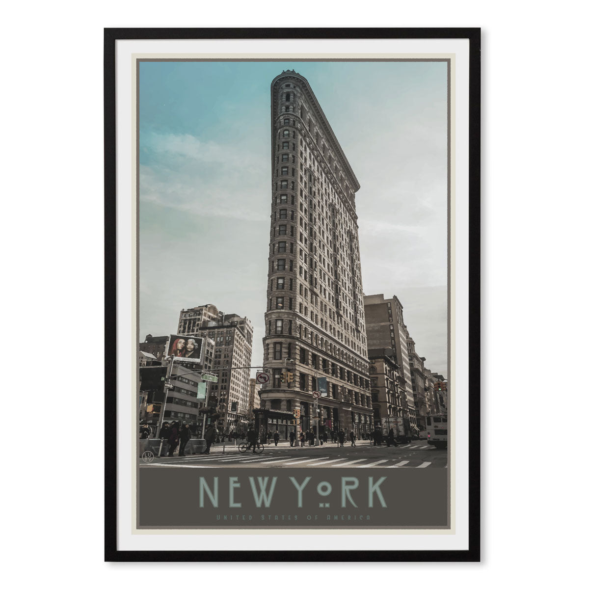 New York Flatiron black framed print vintage travel style designed by Places We Luv