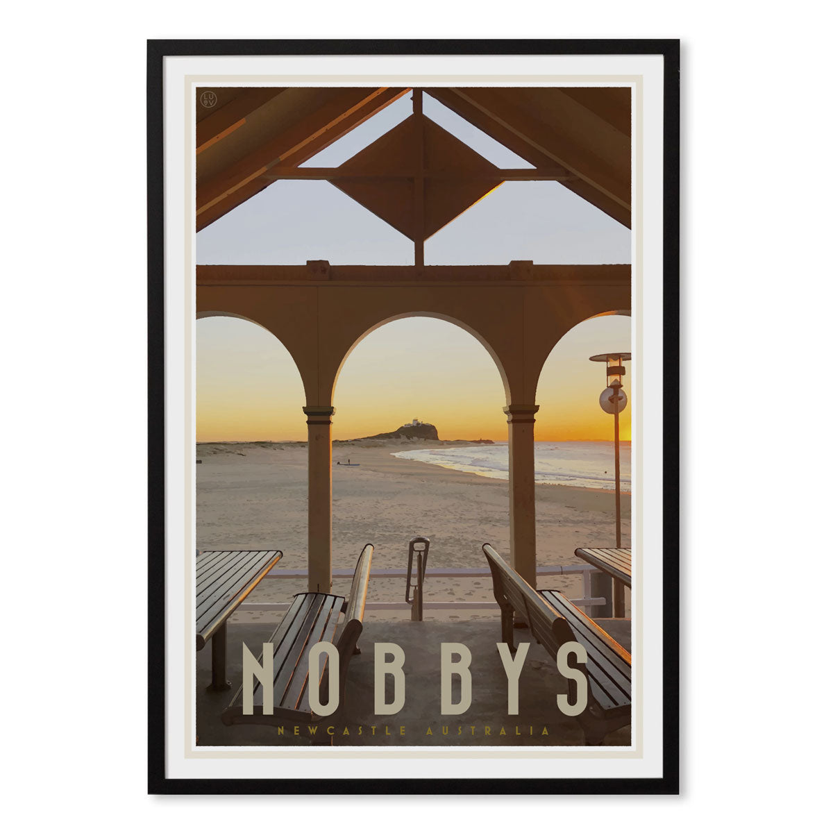 Nobbys beach newcastle vintage travel style black framed print by placesweluv